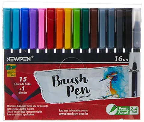 Caneta Ponta Pincel, Newpen, Brush Pen, 15 Cores + 1 Blender, 16 unidades | R$30