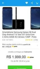 Smartphone Samsung Galaxy S8 Dual Chip Android 7.0 Tela 5.8" Octa-Core 2.3GHz 64GB 4G Câmera 12MP - Preto | R$1.800