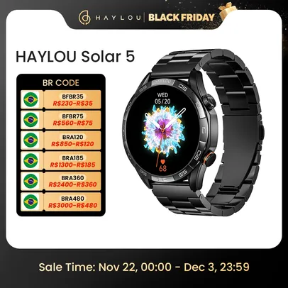 [App / Mastercard] Relógio Inteligente HAYLOU Solar 5 com Tela AMOLED de 1,58", Ligações Por Bluetooth e Bateria de 40 Dias