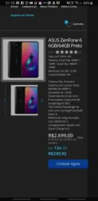 Smartphone ASUS ZenFone 6 6GB/64GB Preto | R$2.699