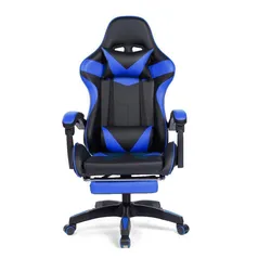 Cadeira Gamer Prizi PZ1006E, até 120kg, Couro sintético de PU, Ângulo ajustável, Descanso de pé, com Almofadas para Pescoço e Lombar, Azul