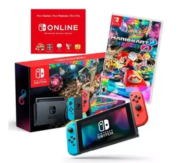 Console Nintendo Switch + Joy-Con Neon + Mario Kart 8 Deluxe + 3 Meses de Assinatura Nintendo Switch Online, Azul e Vermelho - HBDSKABL2