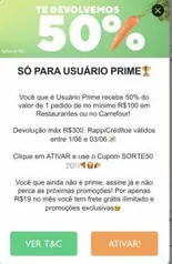 50% de cashback para usuários prime em restaurantes ou no Carrefour