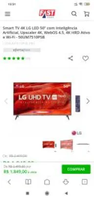 Smart TV 4K LG LED 50” com Inteligência Artificial, Upscaler 4K, WebOS 4.5, 4K HRD Ativo e Wi-Fi - 50UM7510PSB