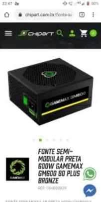 Fonte Semi-modular Preta 600w Gamemax Gm600 80 Plus Bronze [R$363]