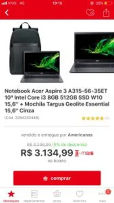 Notebook Acer Aspire 3 10ª Intel Core i3 8GB 512GB SSD + Mochila Targus Geolite Essential | R$2934