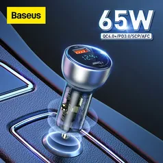 CARREGADOR DE CARRO BASEUS 65W CARGA RÁPIDA 3.0/4.0 DISPLAY LED 1 USB 1 USB-C