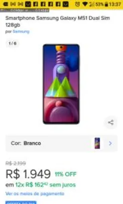 Smartphone Samsung Galaxy M51 Dual Sim 128gb | R$ 1949