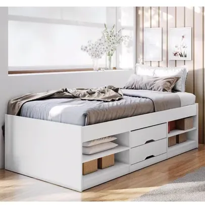 Cama Solteiro Kiara 4 Nichos e 2 Gavetas - Branco