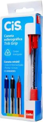 CIS Trik Grip - 12 Canetas Esferográficas Retráteis, Vermelhas | R$ 5,76