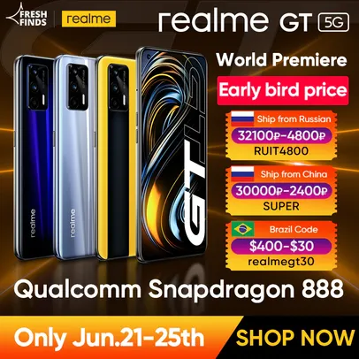 [13h] Smartphone Realme GT 5G Global Snapdragon 888 65 6.43" 8GB 128GB NFC | R$2.150