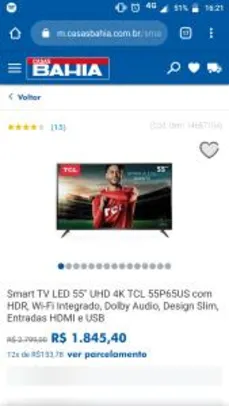 Smart TV LED 55" UHD 4K TCL 55P65US | R$1.845
