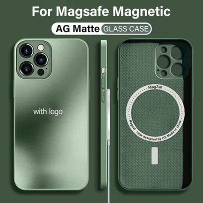 Capa de silicone magnética para iphone 14, 13, 12, 11 pro max com, lente de vidro fosco e magsafe 