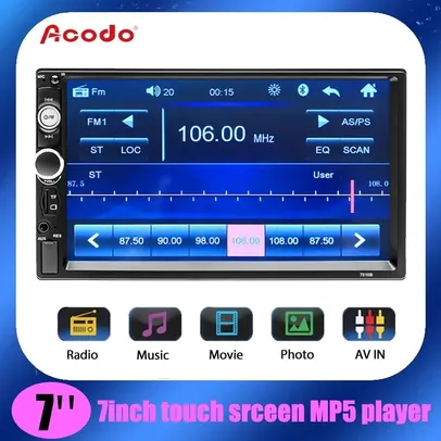 Auto rádio Central Multimídia 7" HD Bluetooth TF Card Usb