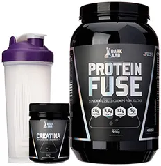 Kit Whey Protein Fuse 900g + Creatina 100g + Coqueteleira Roxa Dark Lab (Morango) | R$90