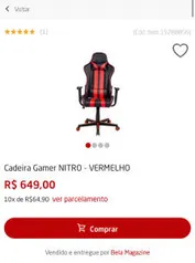 Cadeira Gamer NITRO - VERMELHO | R$ 649