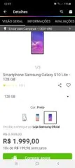 Smartphone Samsung galaxy s10 lite | R$ 1999