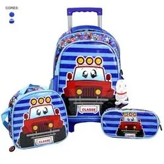 Kit Escolar Infantil Com Mochila de Rodinhas + Lancheira + Estojo Carros