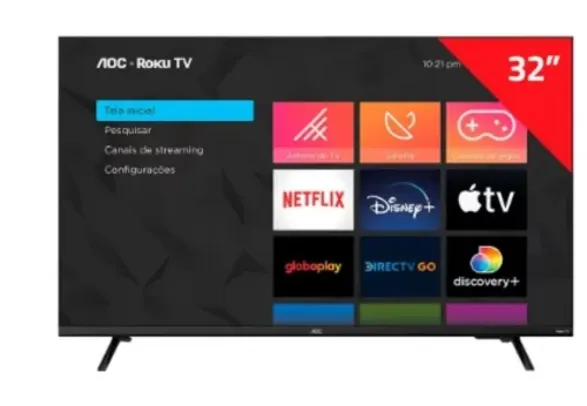 Smart TV 32" AOC HD 32S5135/78G com processador Quad Core, sistema Roku TV, Dolby Digital, Painel de 60 Hz e Comando de Voz