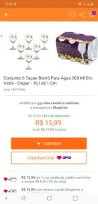 Conjunto 6 Taças Bistrô Para Água 300 Ml Em Vidro - Cisper - 16,1x8,1 Cm | R$16