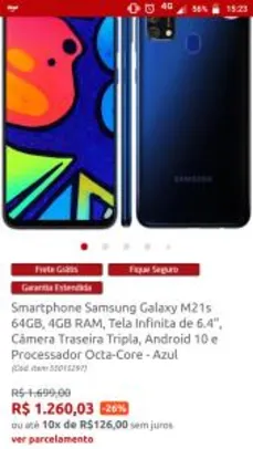 Smartphone Samsung Galaxy M21s 64GB, 4GB RAM, Tela Infinita de 6.4” R$1260