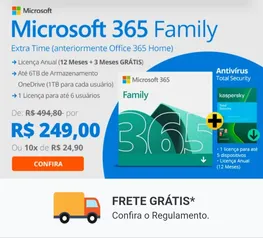 Office 365 family assinatura 15 meses, mais 12 meses Kaspersky Total