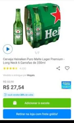 Pack cerveja Heineken - 6 unidades 330ml R$28 [R$22 MagaluPay]