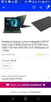 [APP + CC SUB + AME R$3.610] Notebook Gamer Lenovo Ideapad L340 9ª Intel Core i5 8GB (Geforce GTX1050 3GB) 1TB Tela FHD IPS 15,6" | R$3.999