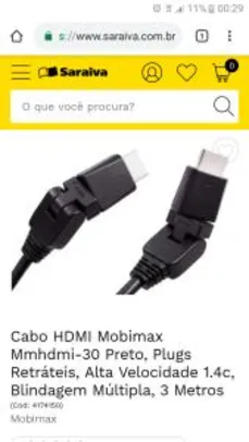 Cabo HDMI Mobimax Mmhdmi-30 Preto | R$2