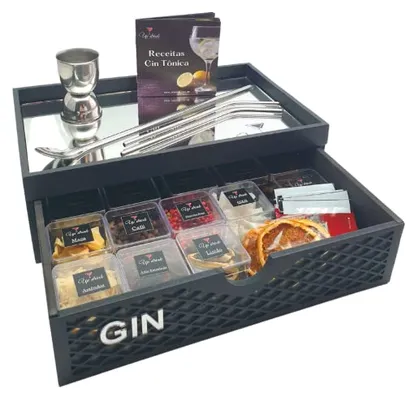 Kit Gin Tonica Caixa Espelhada com Gaveta 14 Especiarias p/Gin Tanqueray Rocks Gordon (Preto)