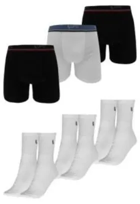 Kit 6pçs Cueca e Meia Lupo Boxer Logo Preto/Branco