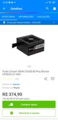 Fonte Corsair 550W CX550 80 Plus Bronze CP9020121-WW R$375