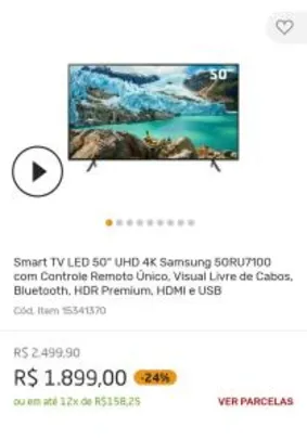 Smart TV LED 50" UHD 4K Samsung 50RU7100 - R$1899