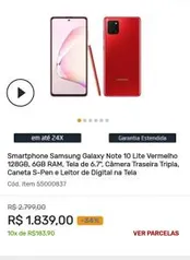 Galaxy Note 10 Lite Prata 128GB, 6GB RAM, Tela de 6.7", Câmera Traseira Tripla, Caneta S-Pen e Leitor de Digital na Tela R$1859