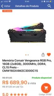 Memória Corsair Vengeance RGB Pro, 16GB (2x8GB), 3000MHz, DDR4 | R$655