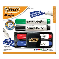 Kit 4 Marcadores de Quadro Branco BIC Marking Cores Clássicas + 1 Apagador, Ponta Resistente, Apaga Fácil, 970929