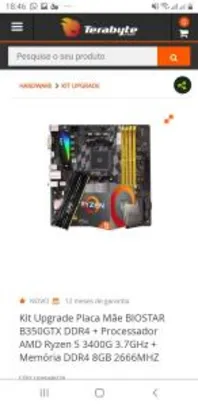 Kit Upgrade Placa Mãe BIOSTAR B350GTX DDR4 + Processador AMD Ryzen 5 3400G 3.7GHz + Memória DDR4 8GB 2666MHZ - R$1049