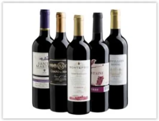 Kit com 5 vinhos(Espanha, Chile, Itália e França) - R$ 133