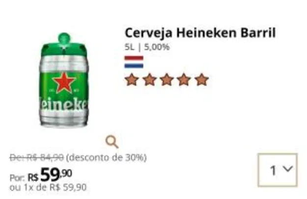 Cerveja Heineken barril 5 litros por R$ 60
