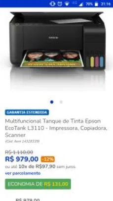 Multifuncional Tanque de Tinta Epson EcoTank L3110 - Impressora, Copiadora, Scanner | R$979