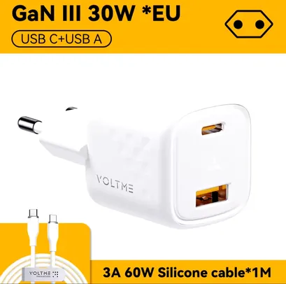 [R$28,58 Moedas/ Taxa Inclusa] Voltme usb c carregador rápido 30w Carregador portátil de porta dupla com Cabo 60w 1 metro 