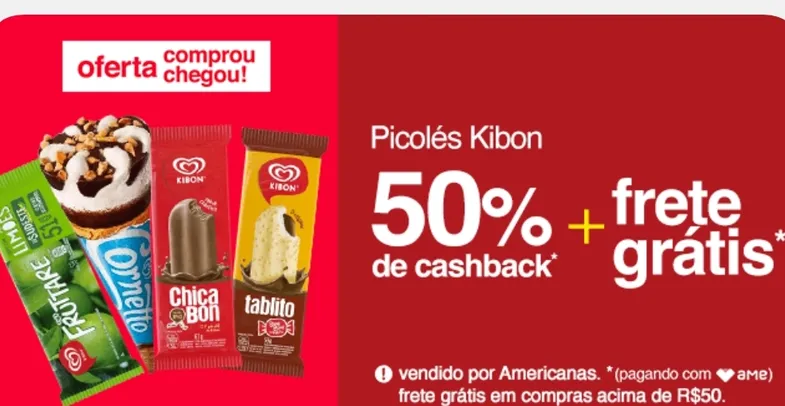 Aproveite 50% de Cashback em Picolés Kibon