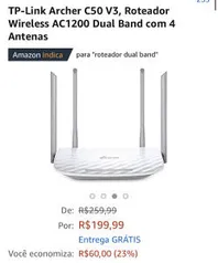 Roteador Tp-Link Archer C50 V3 Wireless AC1200 Dual Band 220v R$ 200