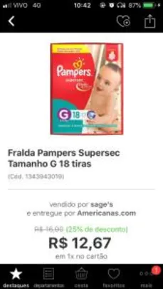 Fralda Pampers Supersec Tamanho G 18 tiras R$ 12