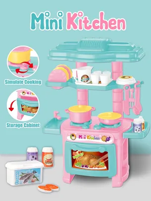 [Oferta Combo/Imposto Incluso] Kids 'Mini Cozinha Com acessórios Kitchen Cooking Toy Set, Finja comida brincar panelas e frigideiras