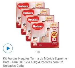 Kit fraldas Huggies Turma da Mônica4x 52Tamanho XG 12 a 15kg total 208 unid | R$ 169