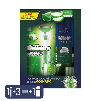 Kit Aparelho De Barbear Gillette Mach3 Sensitive 1 Unidade + Refil Para Barbear Mach3 Sensitive 3 Unidades + Espuma De Barbear Gillette Sensitive 56g