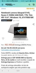 Notebook Lenovo Ideapad S145, Ryzen 5 3500U 4GB RAM, 1TB | R$2.499