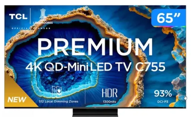 Smart TV 65" 4K UHD QLED Mini LED TCL 65C755 120Hz Wi-Fi Bluetooth 4 HDMI 2 USB