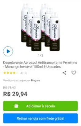 Desodorante Aerossol Antitranspirante Feminino - Monange Invisível 150ml 6 Unidades | R$ 30